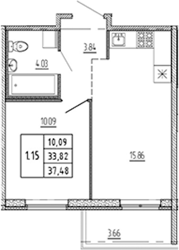 1-комнатная квартира 33.82 м², 21/22 эт., ЖК «Новые горизонты 2»